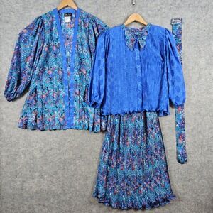 Diane Freis‎ Original Abstract Pleated Georgette Jacket Skirt Blouse Belt Set